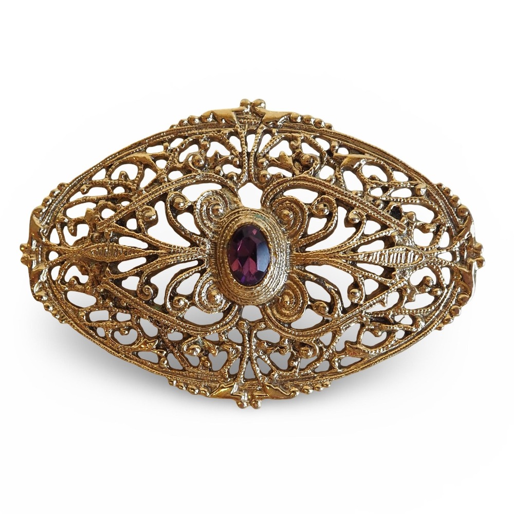 Vintage Victorian Revival Brooch Purple Rhinestone Gold Tone Filigree Oval Pin